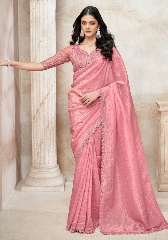 Pink Crush Embroidered Chiffon Silk Designer Saree