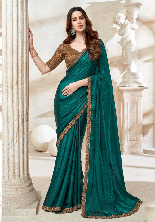 Emerald Green Fendi Saree with Golden Embroidered Blouse