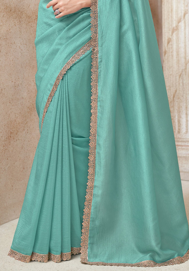Sea Green Embroidered Border Art Silk Saree