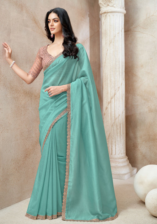 Sea Green Embroidered Border Art Silk Saree
