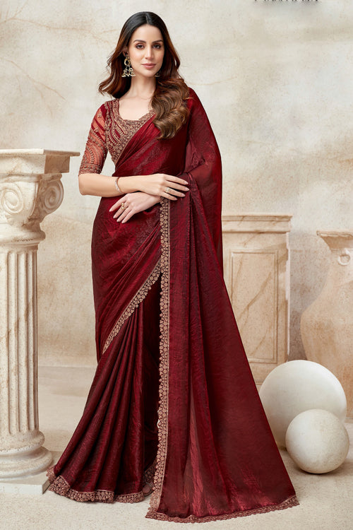 Mystic Maroon Beautiful Border Fancy Fabric Designer Saree