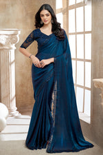 Teal Blue Tissue Silk Saree With Sequins Work