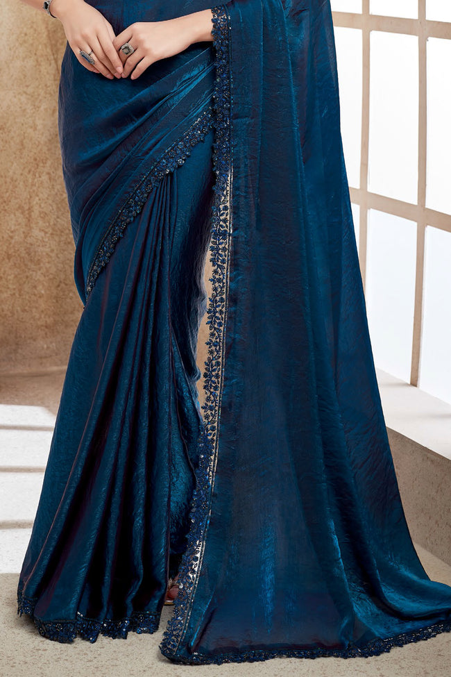 Teal Blue Tissue Silk Saree With Sequins Work