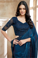 Teal Blue Tissue Silk Saree With Sequins Work