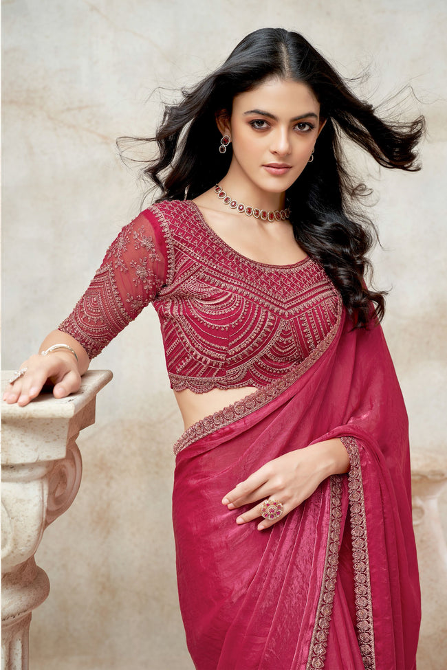 Ruby Red Tissue Silk Saree With Sequins Work