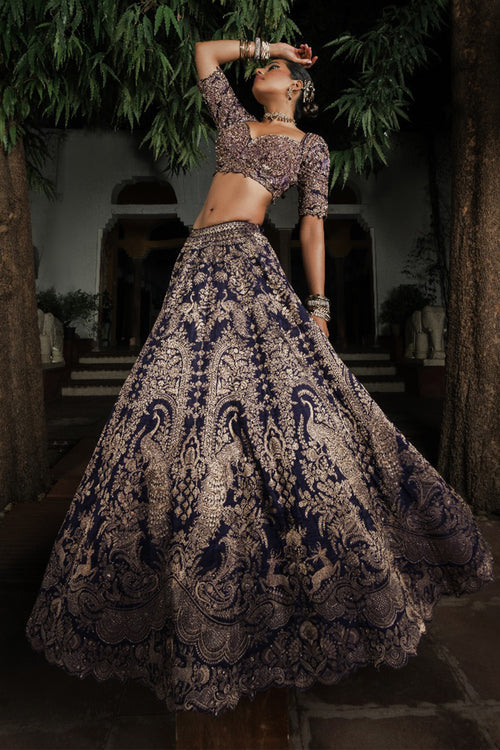 Navy Blue Silk Lehenga with Antique Zardosi and Resham Work