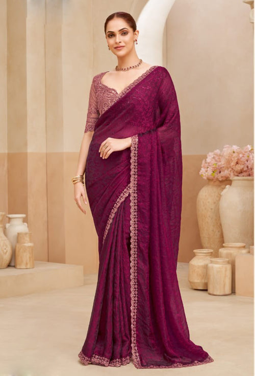 Maroon Fendy Jacquard Silk Saree with Embellished Designer Blouse