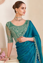 Elegant Teal Blue Chiffon Saree with Sequins Detailing & Embroidery Blouse