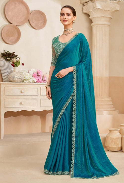 Elegant Teal Blue Chiffon Saree with Sequins Detailing & Embroidery Blouse