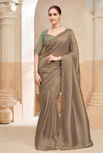 Brown Embroiderd Border Art Silk Designer Party Saree