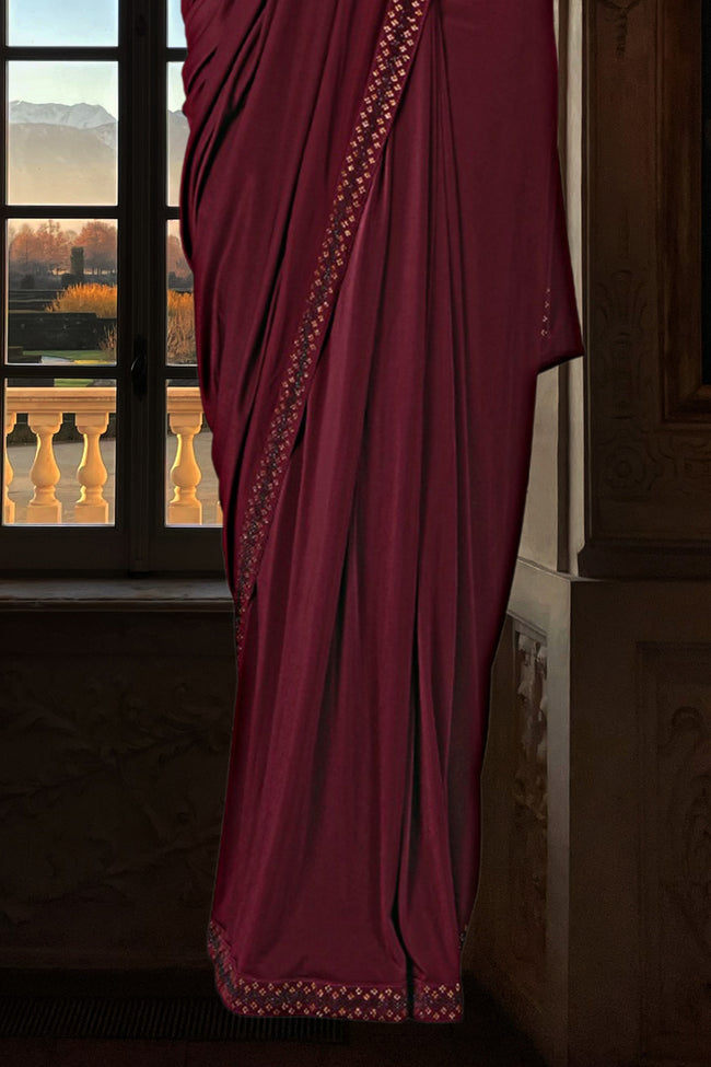 Dark Maroon Embroidered Ready-Pleated Lycra Saree In Crop Top Blouse