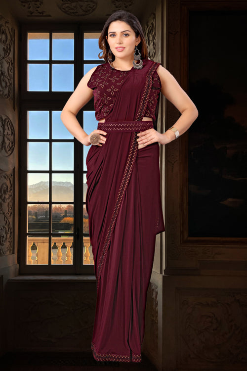 Dark Maroon Embroidered Ready-Pleated Lycra Saree In Crop Top Blouse