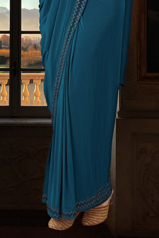 Teal Blue Embroidered Ready-Pleated Lycra Saree In Crop Top Blouse