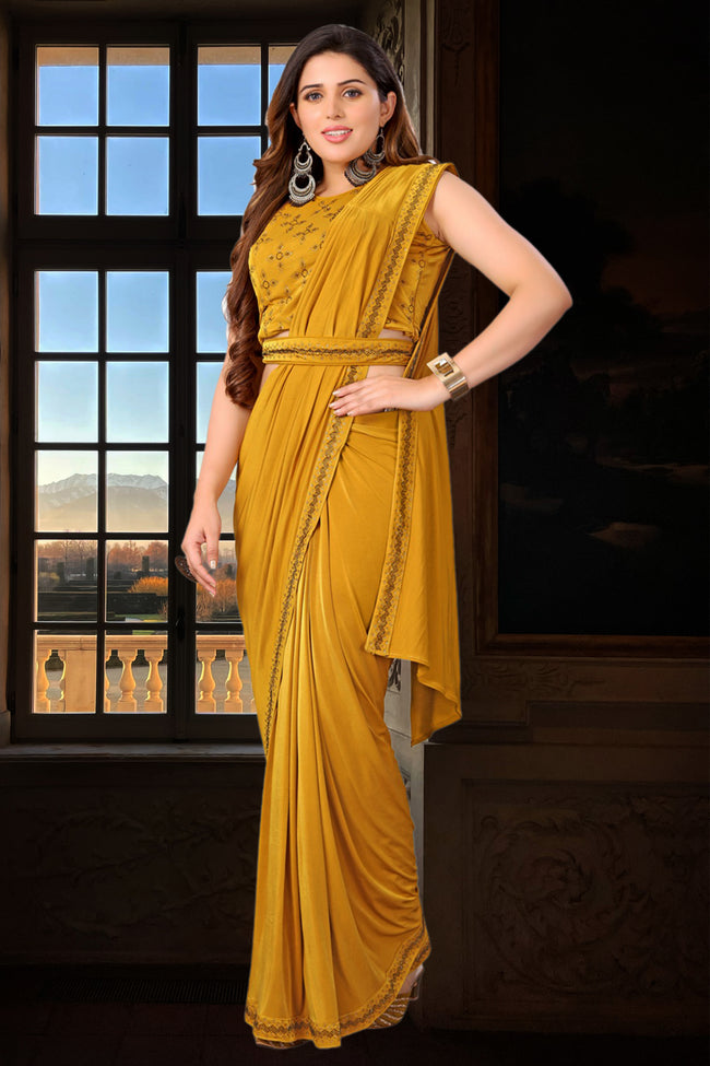 Amber Yellow Embroidered Ready-Pleated Lycra Saree In Crop Top Blouse