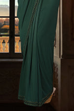 Emerald Green Embroidered Ready-Pleated Lycra Saree In Crop Top Blouse