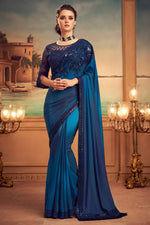 Royal Blue Satin Silk Saree With Embroidered Border And Blouse Piece