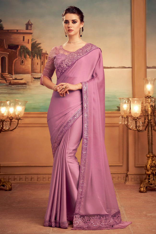 Pink Silk Saree With Embroidery & Sequence Work Border And Embroidery & Sequence Work Blouse Piece