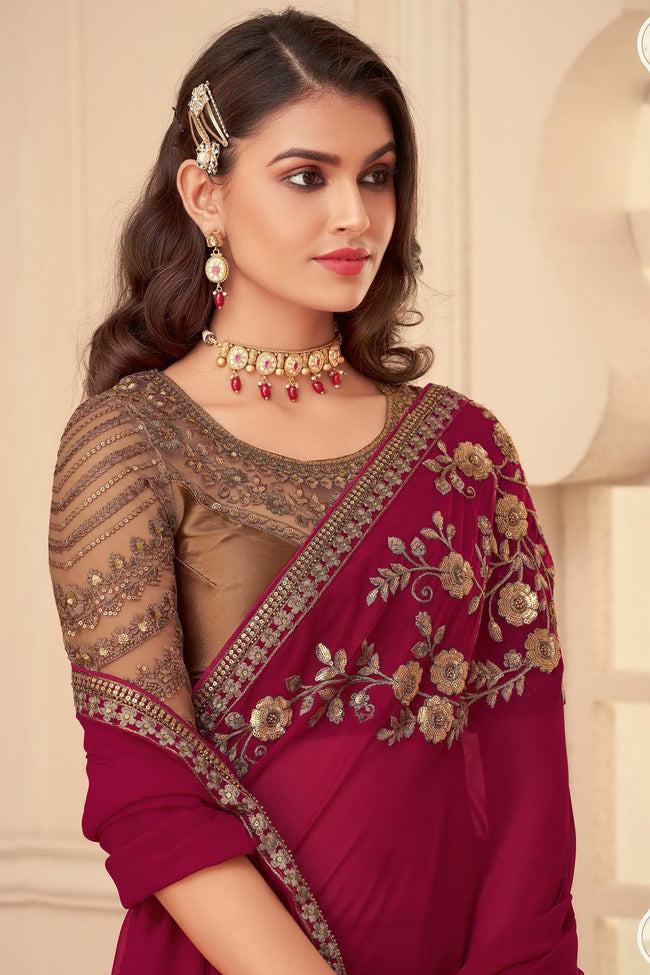 Maroon Silk Saree With Embroidery & Sequence Work Border And Embroidery & Sequence Work Blouse Piece