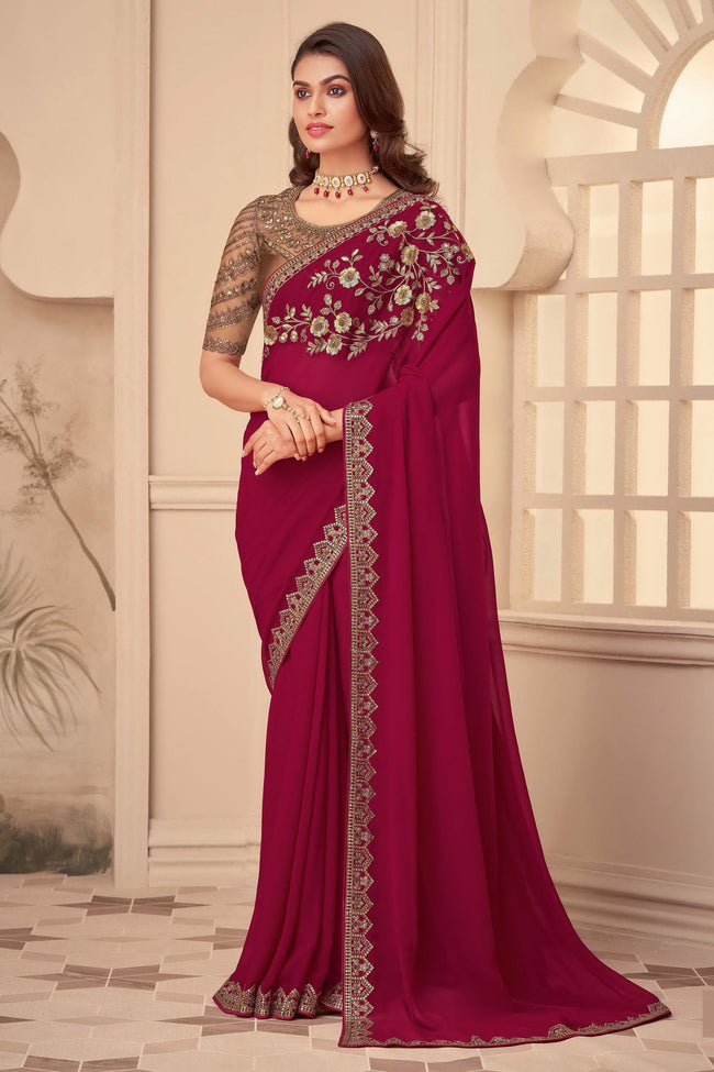 Maroon Silk Saree With Embroidery & Sequence Work Border And Embroidery & Sequence Work Blouse Piece