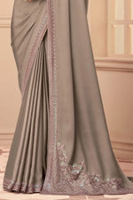 Brown Soft Silk Saree With Embroidered Border, Dupion Silk & Net Blouse Piece