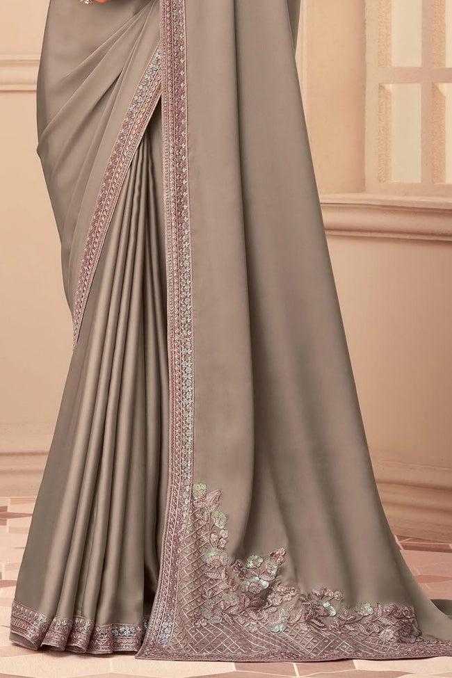 Brown Soft Silk Saree With Embroidered Border, Dupion Silk & Net Blouse Piece