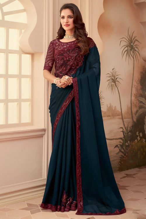 Dark Green Silk Saree With Embroidery & Sequence Work Border And Embroidery & Sequence Work Blouse Piece