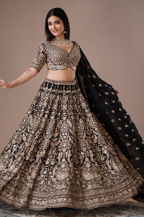 Black Georgette Bridal Lehenga with Gold Zardosi Embroidery