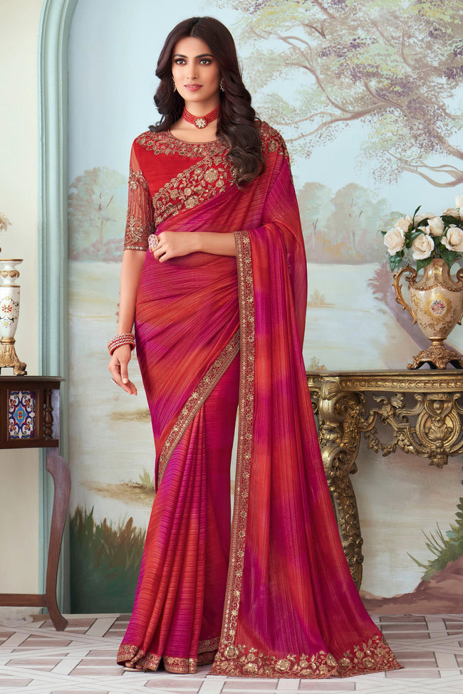 Multicolor Shimmer Silk Saree With Embroidery & Sequence Work Border And Embroidery & Sequence Work Blouse Piece