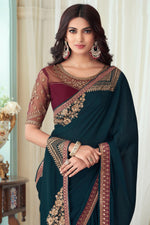 Forest Green Silk Saree With Embroidery & Sequence Work Border And Embroidery & Sequence Work Blouse Piece