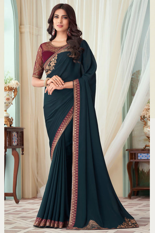 Forest Green Silk Saree With Embroidery & Sequence Work Border And Embroidery & Sequence Work Blouse Piece