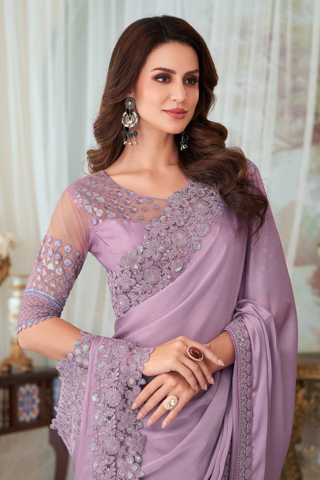 Lavender Silk Saree With Embroidery & Sequence Work Border And Embroidery & Sequence Work Blouse Piece