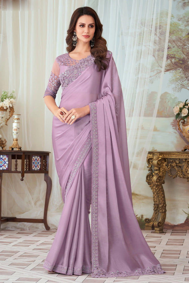Lavender Silk Saree With Embroidery & Sequence Work Border And Embroidery & Sequence Work Blouse Piece