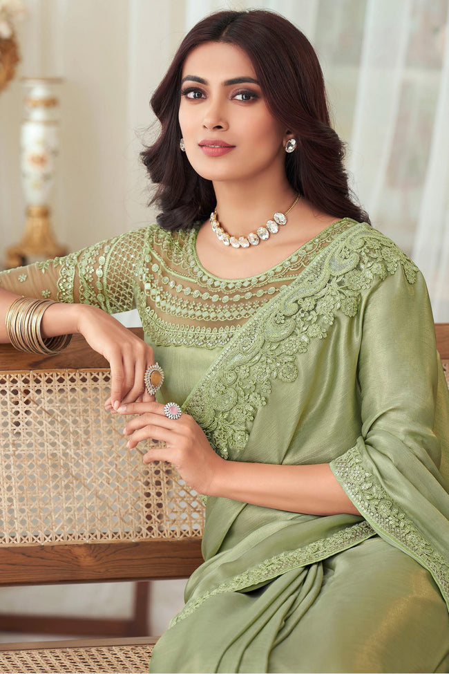 Pastel Green Silk Saree With Embroidery & Sequence Work Border And Embroidery & Sequence Work Blouse Piece