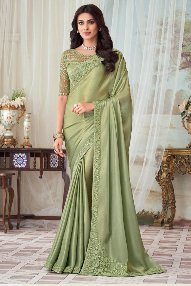 Pastel Green Silk Saree With Embroidery & Sequence Work Border And Embroidery & Sequence Work Blouse Piece