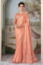 Peach Silk Saree With Embroidery & Sequence Work Border And Embroidery & Sequence Work Blouse Piece