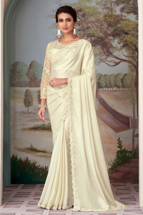 Off White Silk Saree With Embroidery & Sequence Work Border And Embroidery & Sequence Work Blouse Piece