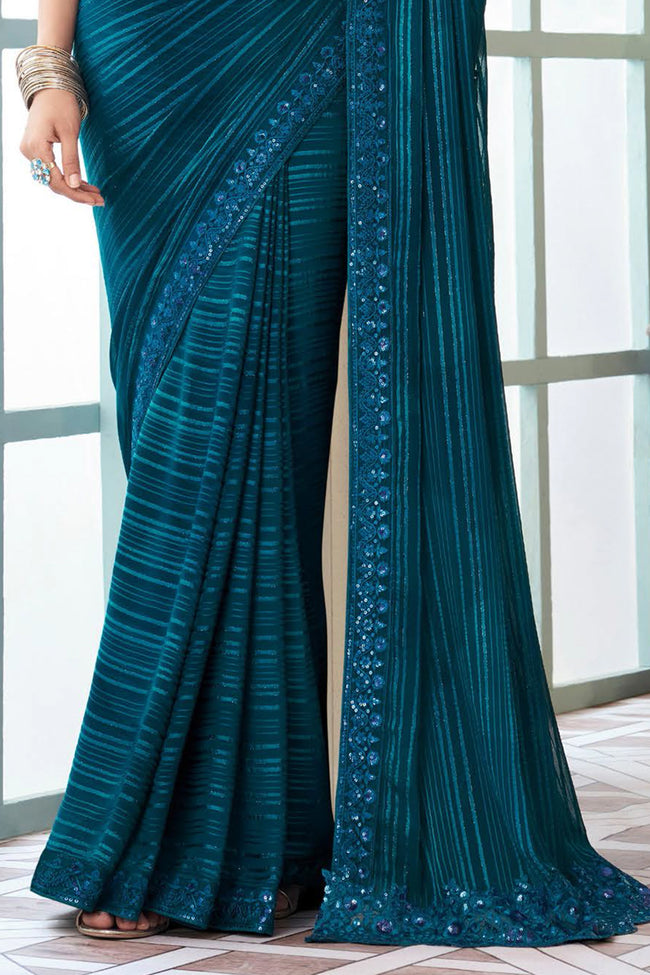 Ramaa Blue Silk Saree With Embroidery & Sequence Work Border And Embroidery & Sequence Work Blouse Piece