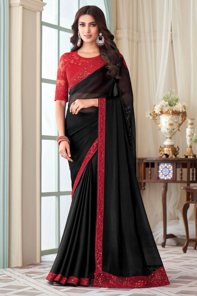 Black Silk Saree With Embroidery & Sequence Work Border And Embroidery & Sequence Work Blouse Piece