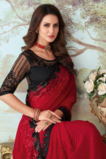 Red Silk Saree With Embroidery & Sequence Work Border And Embroidery & Sequence Work Blouse Piece