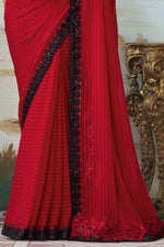 Red Silk Saree With Embroidery & Sequence Work Border And Embroidery & Sequence Work Blouse Piece