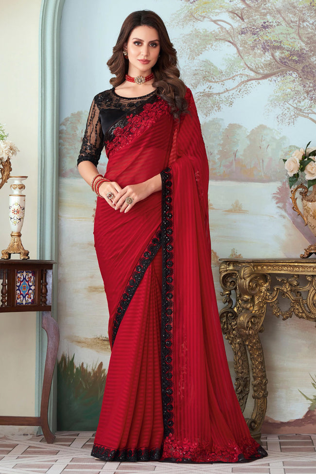 Red Silk Saree With Embroidery & Sequence Work Border And Embroidery & Sequence Work Blouse Piece