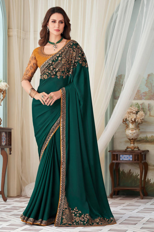 Green Silk Saree With Embroidery & Sequence Work Border And Embroidery & Sequence Work Blouse Piece