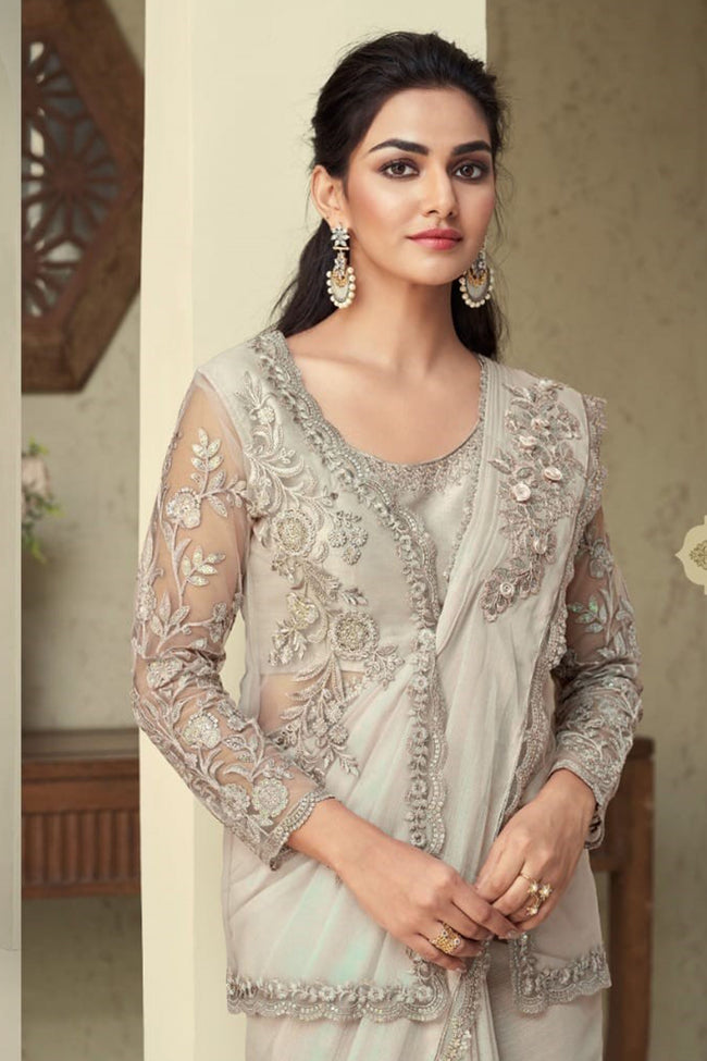 cream Designer Embroidered Jacket Style Saree