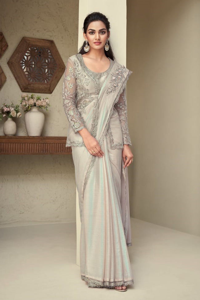 cream Designer Embroidered Jacket Style Saree