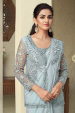 Light Grey Designer Embroidered Jacket Style Saree