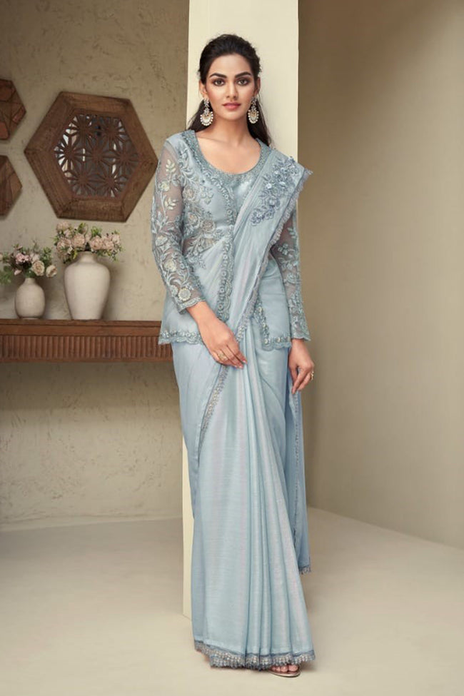 Light Grey Designer Embroidered Jacket Style Saree