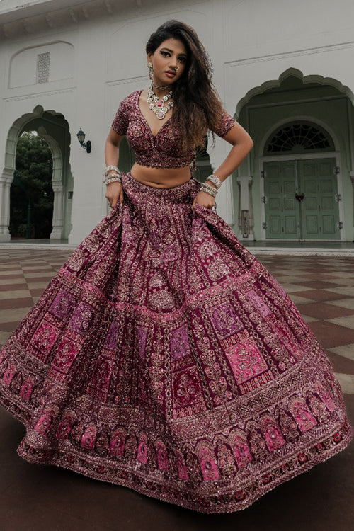 Purple Zardosi Embroidered Crepe Reception Lehenga