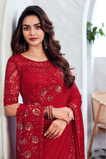 Red Velvet Fetching Designer Embroidered Chiffon Silk Saree