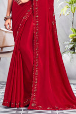 Red Velvet Fetching Designer Embroidered Chiffon Silk Saree