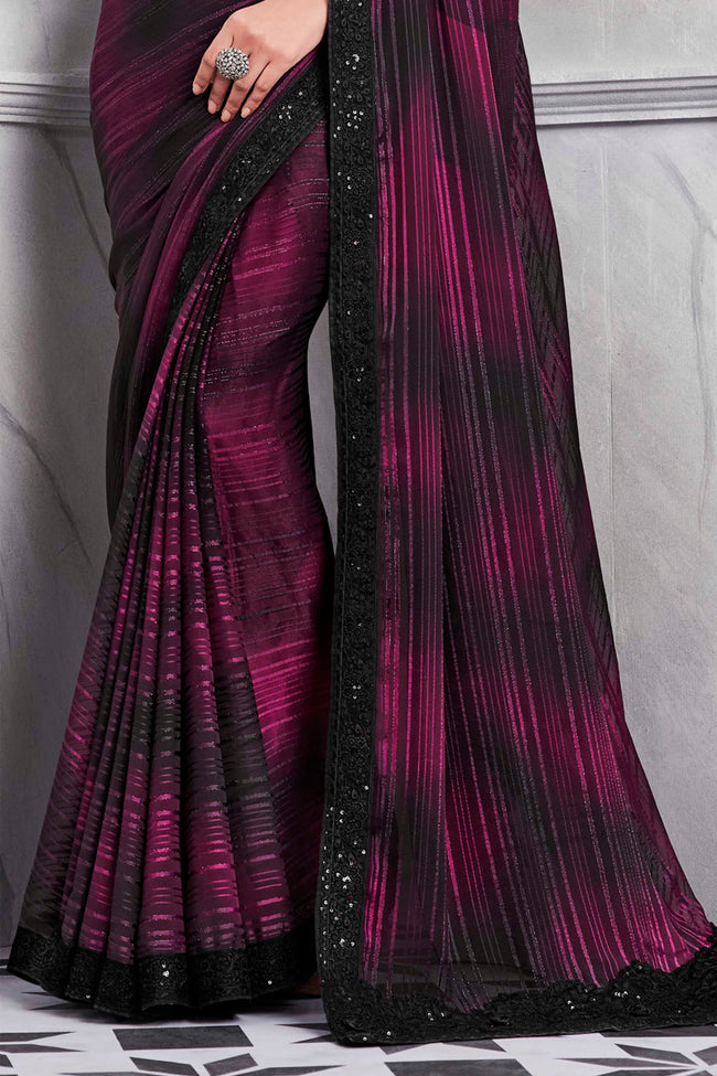Burgundy With Black Embroidered Cherry Rainbow Pattern Silk Saree